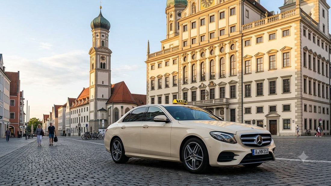 Augsburg Taxi bestellen zum Flughafen München – Mercedes E-Klasse Taxi vor dem Augsburger Rathaus mit Perlachturm