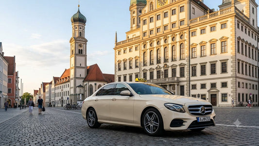 Augsburg Taxi bestellen zum Flughafen München – Mercedes E-Klasse Taxi vor dem Augsburger Rathaus mit Perlachturm