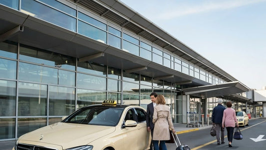 Bergkirchen Taxi bestellen zum Flughafen München – Mercedes E-Klasse Taxi hält direkt am Terminal des Flughafens
