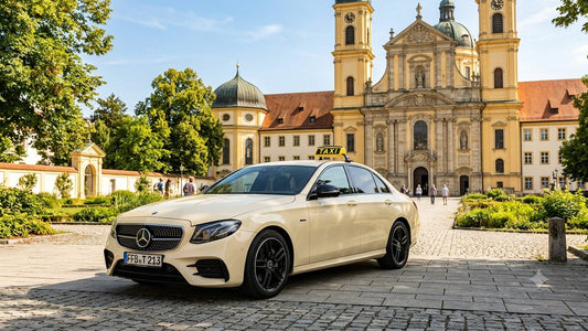 Fürstenfeldbruck Taxi bestellen zum Flughafen München – Mercedes E-Klasse Taxi vor der Klosterkirche Fürstenfeld