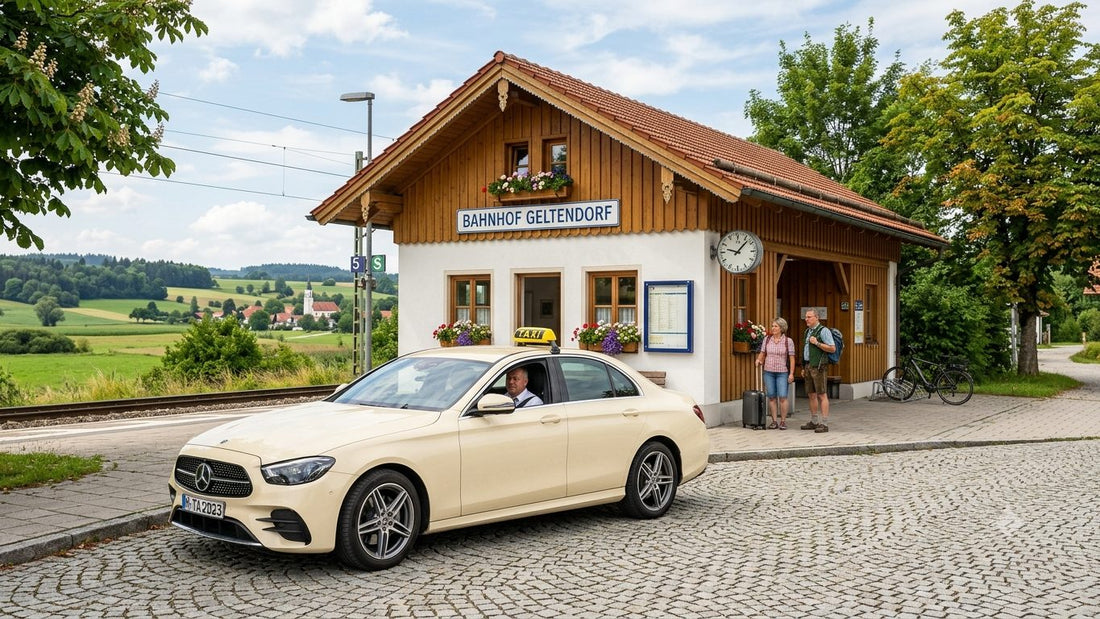 Geltendorf Taxi bestellen zum Flughafen München – champagner-goldenes Mercedes-Taxi wartet am Bahnhof Geltendorf