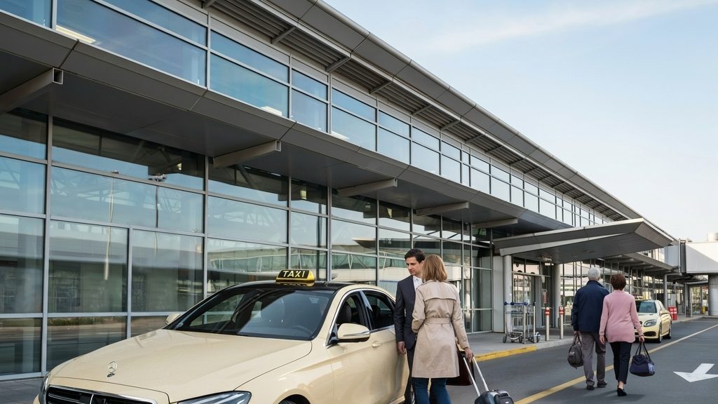 Gröbenzell Taxi bestellen zum Flughafen München – Mercedes E-Klasse Taxi hält direkt am Terminal des Flughafens