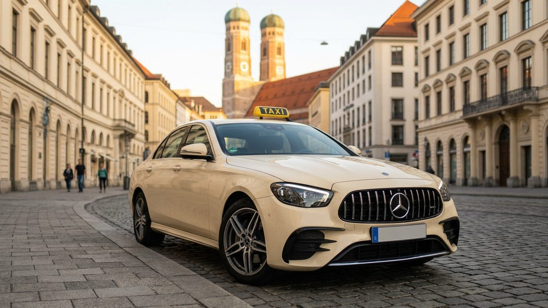 Kissing Taxi bestellen zum Flughafen München – elegantes Mercedes E-Klasse Taxi vor der Münchner Frauenkirche