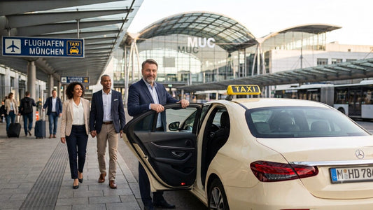 Moorenweis Taxi bestellen zum Flughafen München – Fahrer öffnet die Taxi-Tür für Fahrgäste am Flughafen München