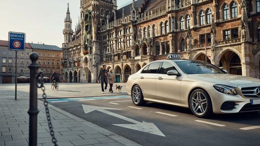 München Hauptbahnhof Taxi bestellen zum Flughafen München – champagner-goldenes Mercedes E-Klasse Taxi am Marienplatz vor dem Neuen Rathaus