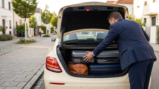 Odelzhausen Taxi bestellen zum Flughafen München – Koffer werden in den Kofferraum der Mercedes E-Klasse geladen