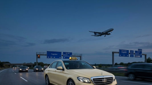 Wörthsee Taxi bestellen zum Flughafen München – champagner-goldenes Mercedes-Taxi auf der Autobahn Richtung Flughafen, startendes Flugzeug am Abendhimmel
